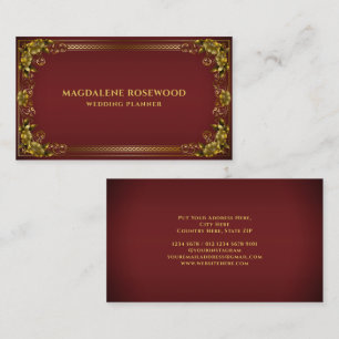 Tarjeta De Visita Marco de Flores Regias Talladas en Oro sobre Rojo