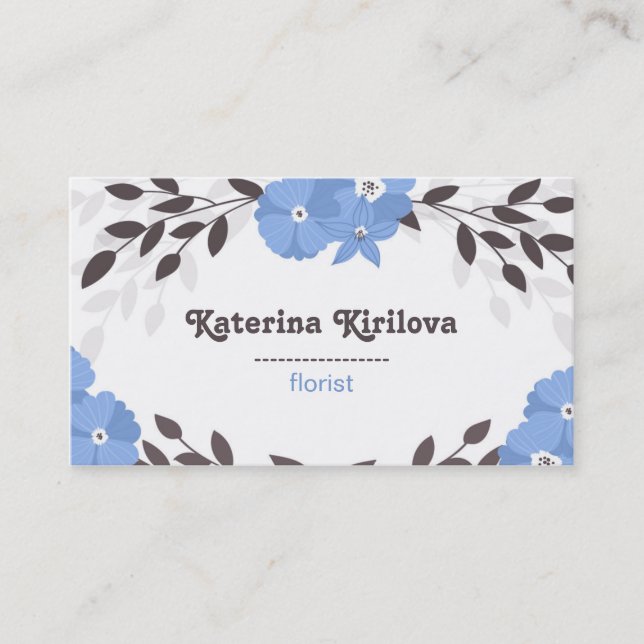 Tarjeta De Visita Marco de flores y hojas azules (Anverso)