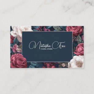 Tarjeta De Visita Marco de Rosa Victoriana Oscura Floral Azul Marino