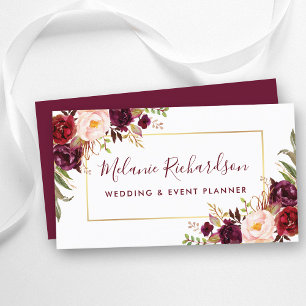 Tarjeta De Visita Marco dorado elegante moderno Borgoña Floral