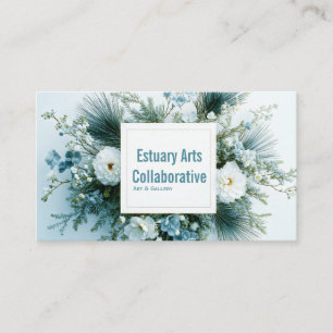 Tarjeta De Visita Marco Dorado Floral de Invierno Blanco y Azul Polv