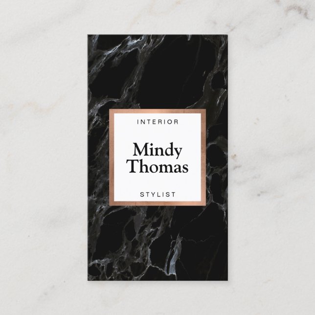 Tarjeta De Visita Marco dorado moderno de Faux Rosa de Mármol Negro (Anverso)