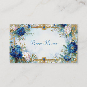 Tarjeta De Visita Marco dorado ornamentado floral azul victoriano de