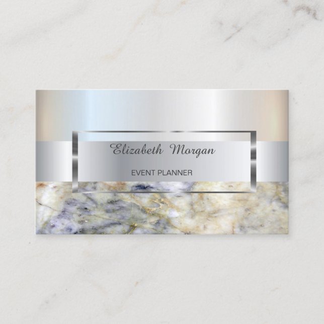Tarjeta De Visita Marco elegante de raya de moda plateado,Mármol azu (Anverso)