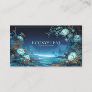 Tarjeta De Visita Marco Floral de Peonía Azul Nocturna y Lago Celest