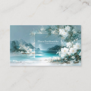 Tarjeta De Visita Marco Floral Rosa Blanca y Lunar Costero Turquesa