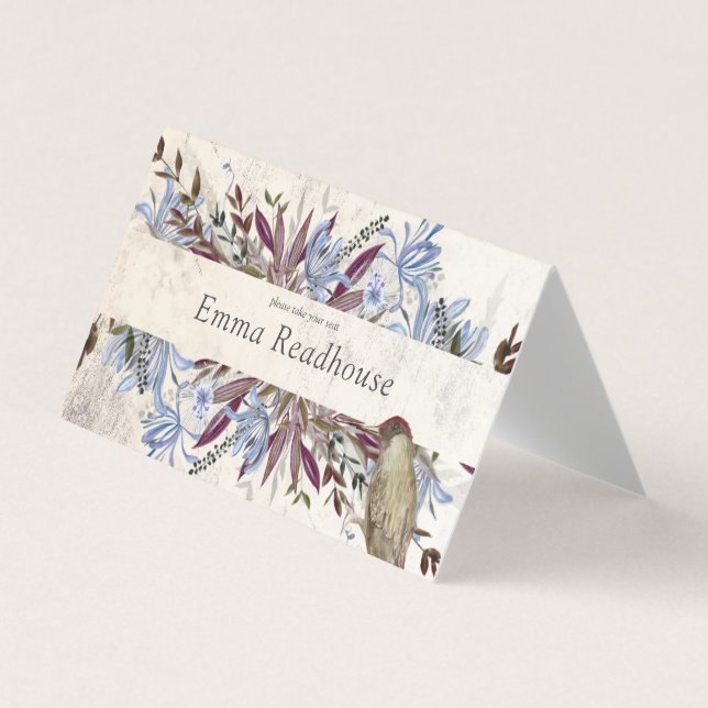 Tarjeta De Visita Marco floral rústico con aves (Anverso)