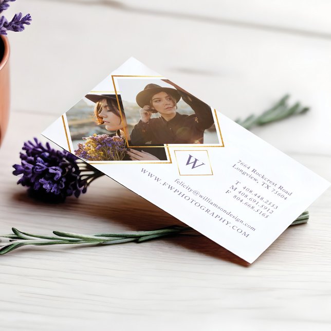 Tarjeta De Visita Marco geométrico mínimo de fotos y monograma dorad (Minimal Gold Geometric Photo Frame & Monogram Business Card)