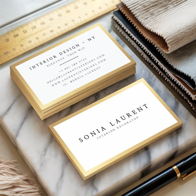Tarjeta De Visita Marco metálico elegante de moda oro blanco minimal (Elegant chic gold metallic frame minimalist white)