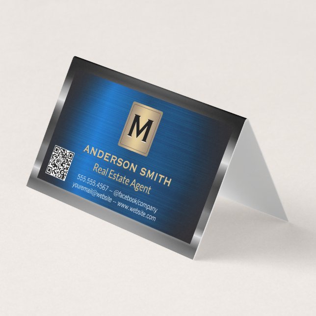 Tarjeta De Visita Marco metálico | Metálico Azul | QR Label Scan (Anverso)