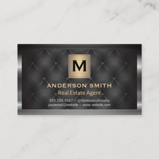 Tarjeta De Visita Marco metálico oscuro | Moderno dorado | Upholsed (Anverso)