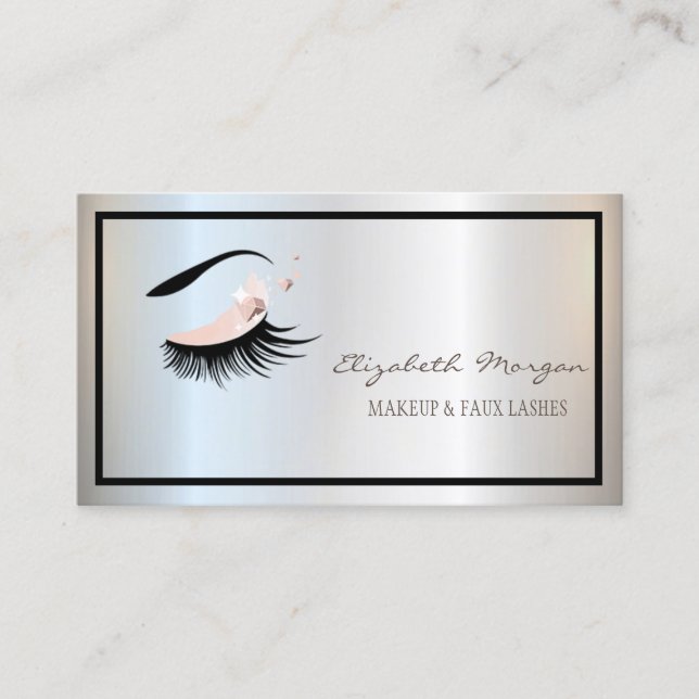 Tarjeta De Visita Marco moderno elegante, plateado, maquillaje, pest (Anverso)
