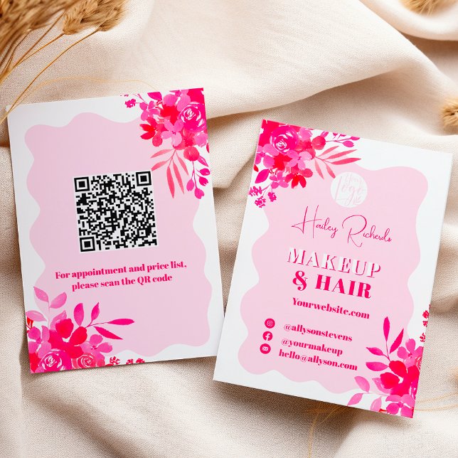 Tarjeta De Visita Marco ondulado rosado cálido maquillaje floral ros (Hot pink wavy frame red pink floral makeup business card)