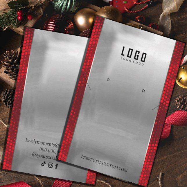 Tarjeta De Visita Marco rojo plateado Auriculares modernos de collar (#zazzlemade #silverandred #earringsdisplaycards #fauxred #Christmas #newyear #party #glitterred)