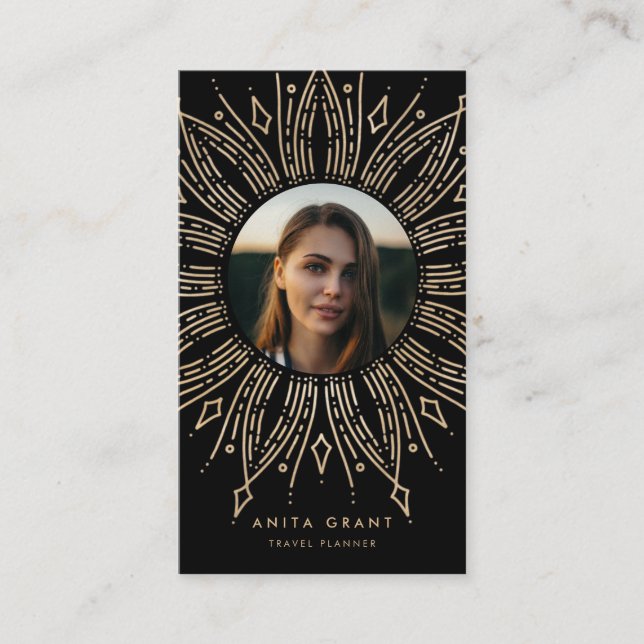 Tarjeta De Visita Marco solar negro y dorado deco vertical (Anverso)