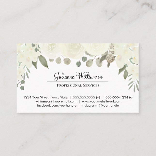 Tarjeta De Visita Marfil White Floral Simple Personal Profesional (Anverso)