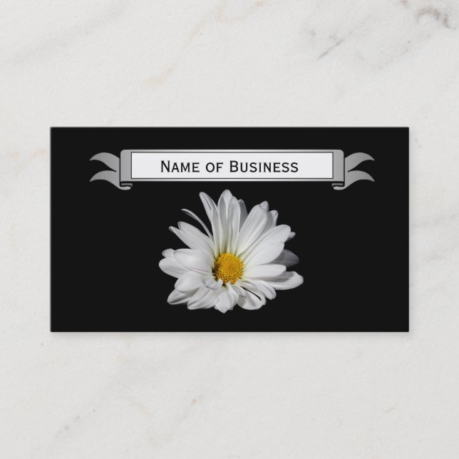 Tarjeta De Visita Margarita blanca elegante en fondo negro con (Anverso)