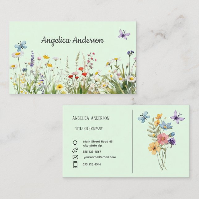 Tarjeta De Visita Margen verde claro de acuarela Feminicolor Flora s (Anverso / Reverso)