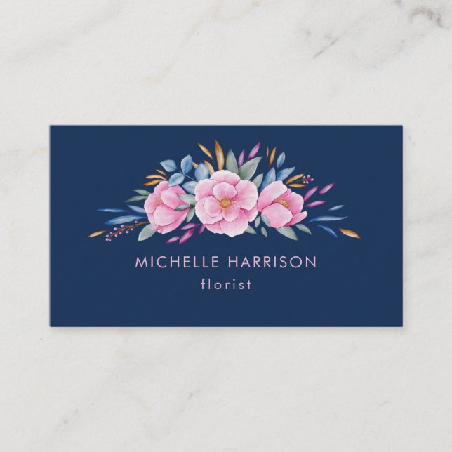 Tarjeta De Visita Marina Azul Rubor rosa Bouquet Floral acuarela (Anverso)