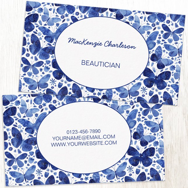 Tarjeta De Visita Mariposa (Indigo navy blue and white watercolor butterfly pattern custom modern business card)