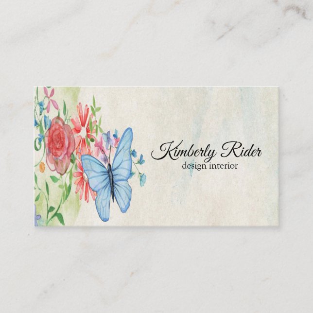 Tarjeta De Visita Mariposa Azul Romántica En Flor Roja (Anverso)