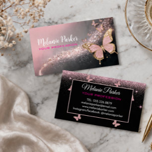 Tarjeta De Visita Mariposa Brillante Elegante Rosa Dorado Negocios