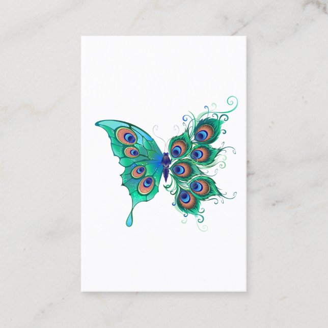 Tarjeta De Visita Mariposa con plumas de pavo real verde (Anverso)