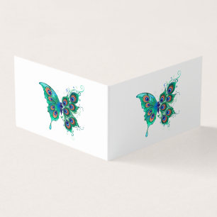 Tarjeta De Visita Mariposa con plumas de pavo real verde