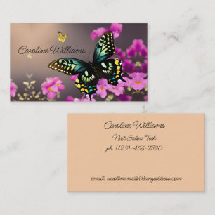Tarjeta De Visita Mariposa de cola tragada y flores rosadas