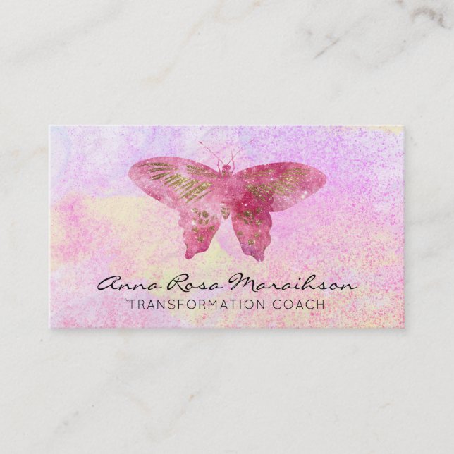 Tarjeta De Visita *~* Mariposa de Purpurina rosa Pastel dorado (Anverso)