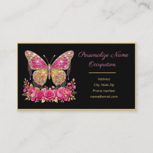 Tarjeta De Visita Mariposa Elegante con Joyas y Rosa Negro Dorado