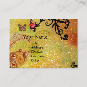 TARJETA DE VISITA MARIPOSA EN ESPALOS, AMARILLO, BLACK SWIRLS MONOGR