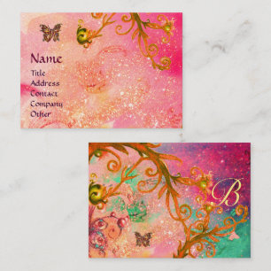 TARJETA DE VISITA MARIPOSA EN ESPALOS, ROSA Y AMARILLO MONOGRAMA
