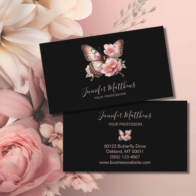 Tarjeta De Visita Mariposa Floral Elegante Script Negro (Subido por el creador)