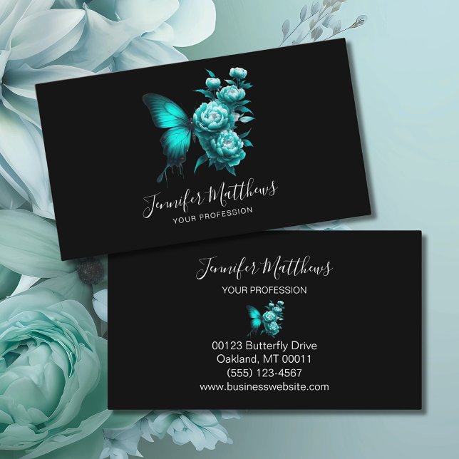 Tarjeta De Visita Mariposa Floral Elegante Script Negro (Subido por el creador)
