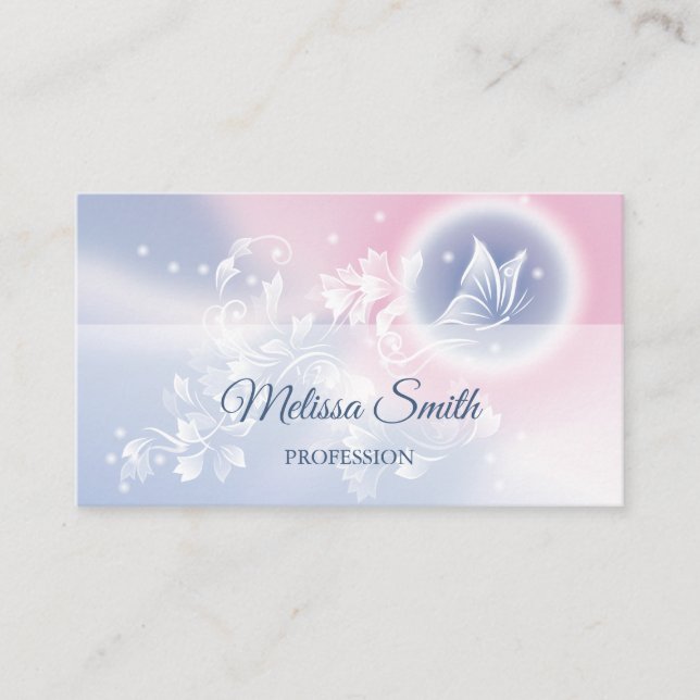 Tarjeta De Visita Mariposa floral rosa azul (Anverso)