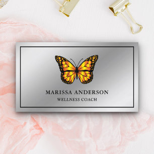 Tarjeta De Visita Mariposa Monarca Naranja Elegante Hoja de Plata