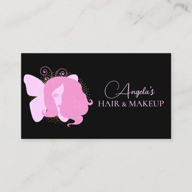 Tarjeta De Visita Mariposa Mujer Makeup Salón Guión Negro Rosa (Anverso)