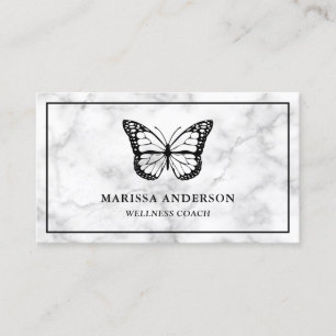 Tarjeta De Visita Mariposa negra elegante de mármol blanco