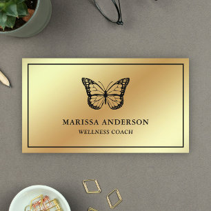 Tarjeta De Visita Mariposa negra elegante Relieve metalizado dorado