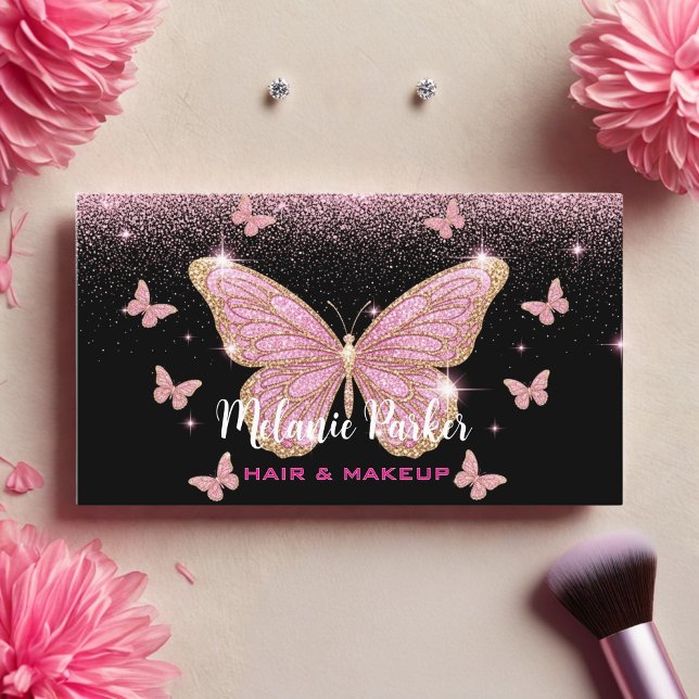 Tarjeta De Visita Mariposa Purpurina elegante rosa rosa de oro (Subido por el creador)