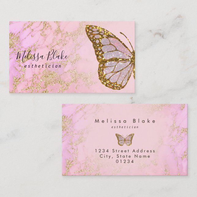 Tarjeta De Visita mariposa purpurina rosa y falsa de oro (Anverso / Reverso)