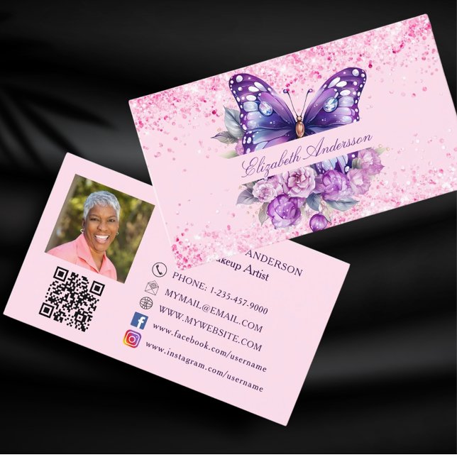 Tarjeta De Visita Mariposa rosa morado código QR foto de medios soci (Subido por el creador)