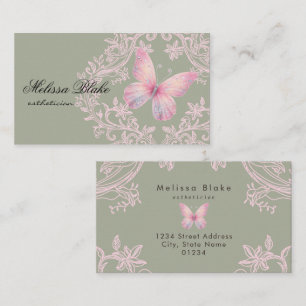 Tarjeta De Visita mariposa rosa sobre fondo verde sabio