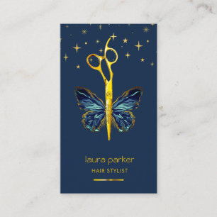 Tarjeta De Visita Mariposa Tijera de oro azul Peluquería de salón de