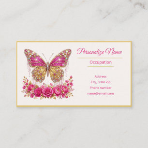 Tarjeta De Visita Mariposa y Rosa Elegantes con Joyas
