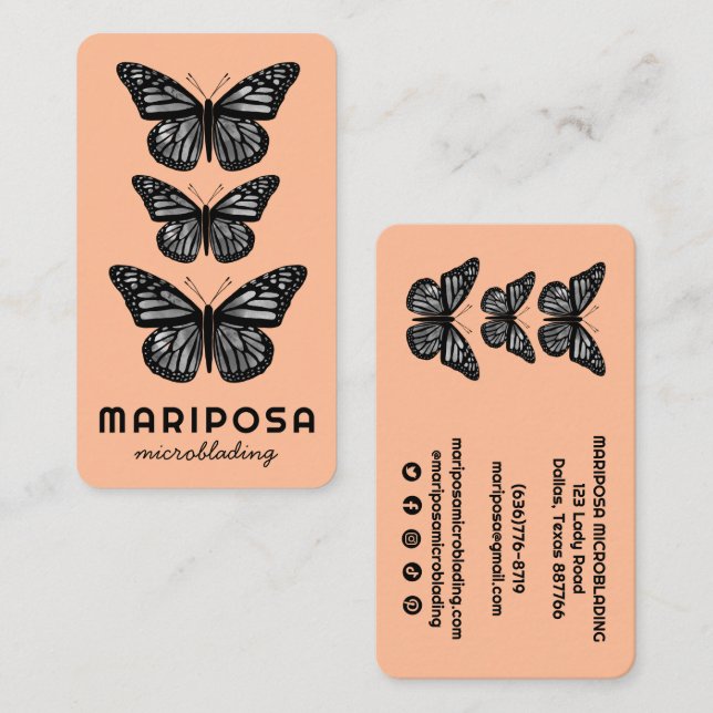 Tarjeta De Visita Mariposas Belleza Salón Estético Peach Fuzz (Anverso / Reverso)