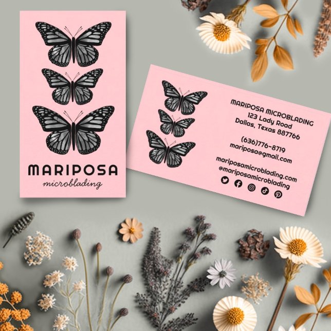 Tarjeta De Visita Mariposas Belleza Salón Estético Rubor Rosa (Beautiful butterflies decorate these custom business cards with social icons. )