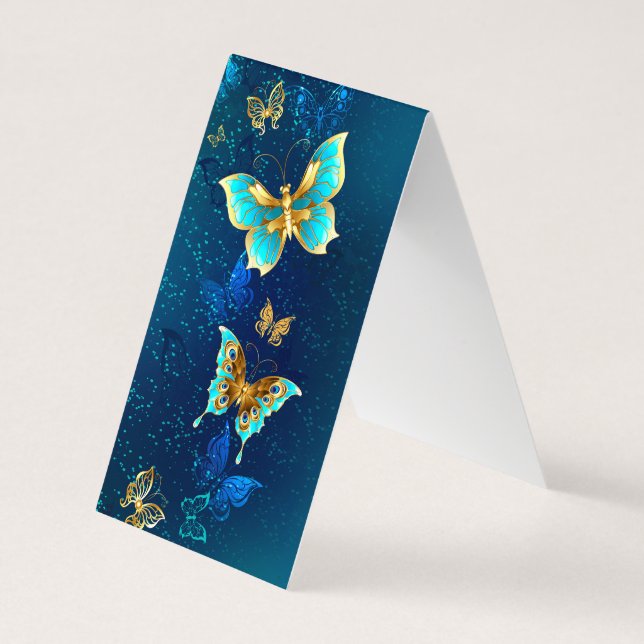 Tarjeta De Visita Mariposas doradas sobre fondo azul (Reverso)