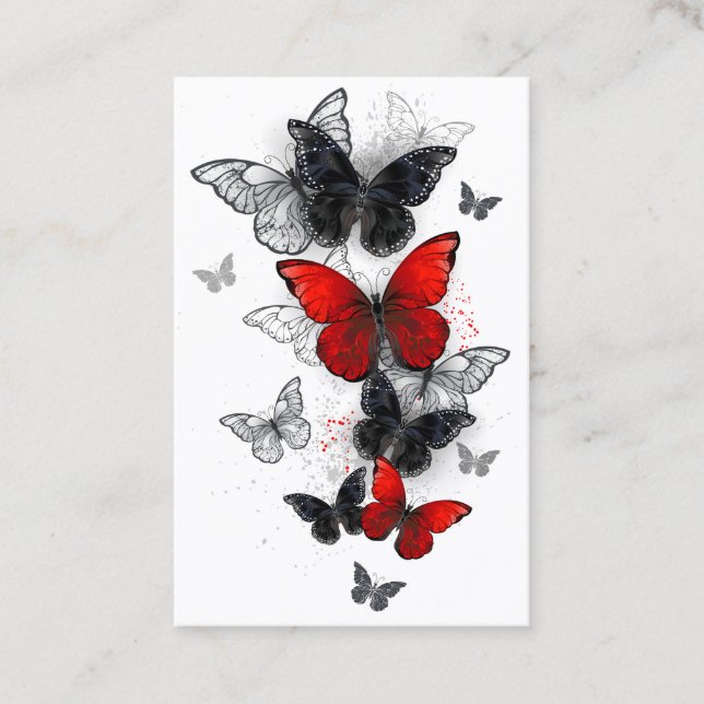 Tarjeta De Visita Mariposas Morpho voladoras negras y rojas (Anverso)